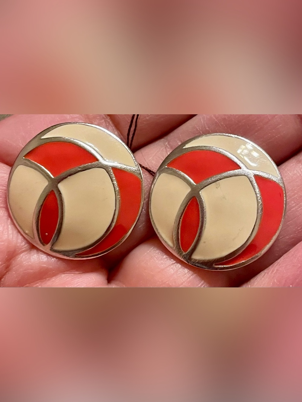 Monet Red and Cream Round Enamel Stud Earrings